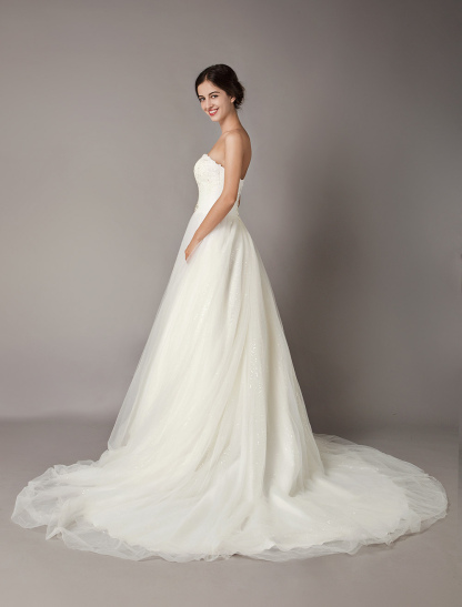 Wedding Dresses Ivory Strapless Lace Beaded Chapel Train Bridal Gowns-newarrivaldress