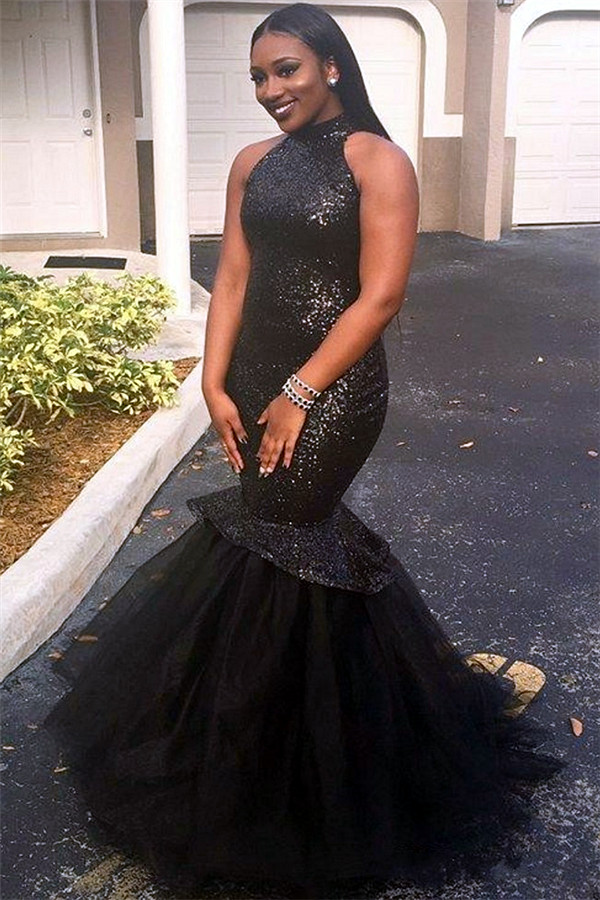Sexy High-Neck Mermaid Sleeveless Yulle Sequins Gorgeous Black Prom Dress-newarrivaldress