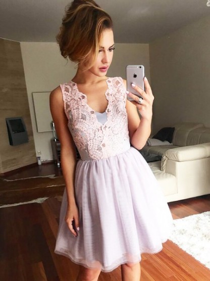 Delicate Straps Sleeveless Zipper Short Lace Homecoming Dress-newarrivaldress