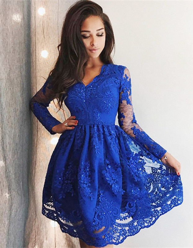 Cute Royal Blue Lace Long Sleeve Homecoming Dress | 2021 Short Party Gown-newarrivaldress