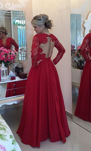 V-Neck Red Long Sleeve Chiffon Prom Dress New Arrival Bowknot Formal Occasion Dress BMT038-newarrivaldress
