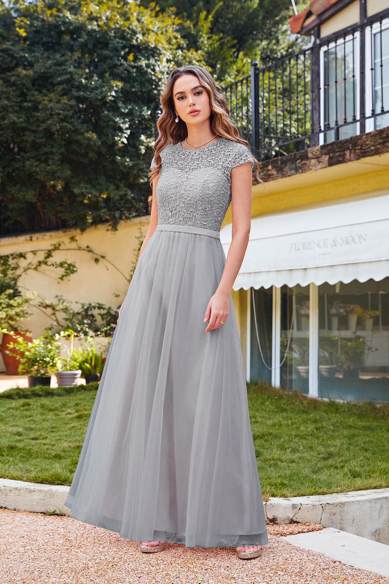Chic Cap Sleeves Illusion Lace Aline Bridesmaid Dress Floor Length Chiffon Evening Dress-newarrivaldress