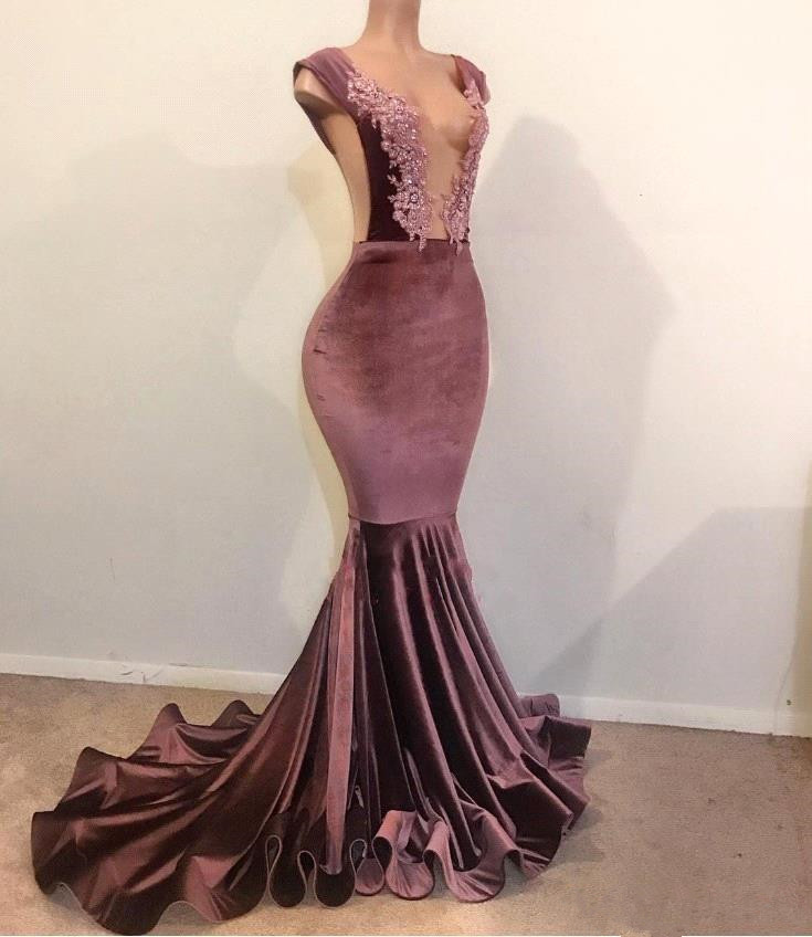 Mermaid Sleeveless Floor Length Appliques Velvet Long Prom Dresses-newarrivaldress