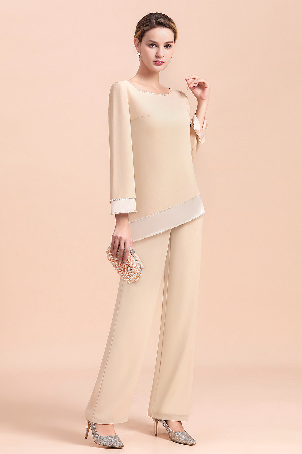 Chic Round-Neck Champagne Chiffon Mother of Bride Jumpsuit-newarrivaldress