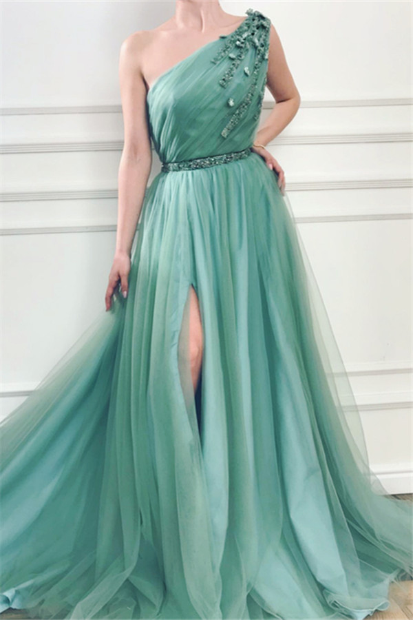 Elegant Appliques One-Shoulder Side-Slit Sleeveless Tulle A-Line Prom Dresses-newarrivaldress