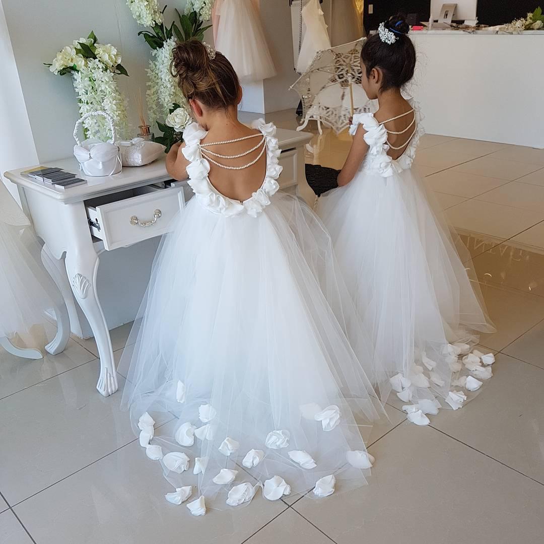 Cute Tulle Appliques Backless Flower Girl Dresses with Pearls-newarrivaldress