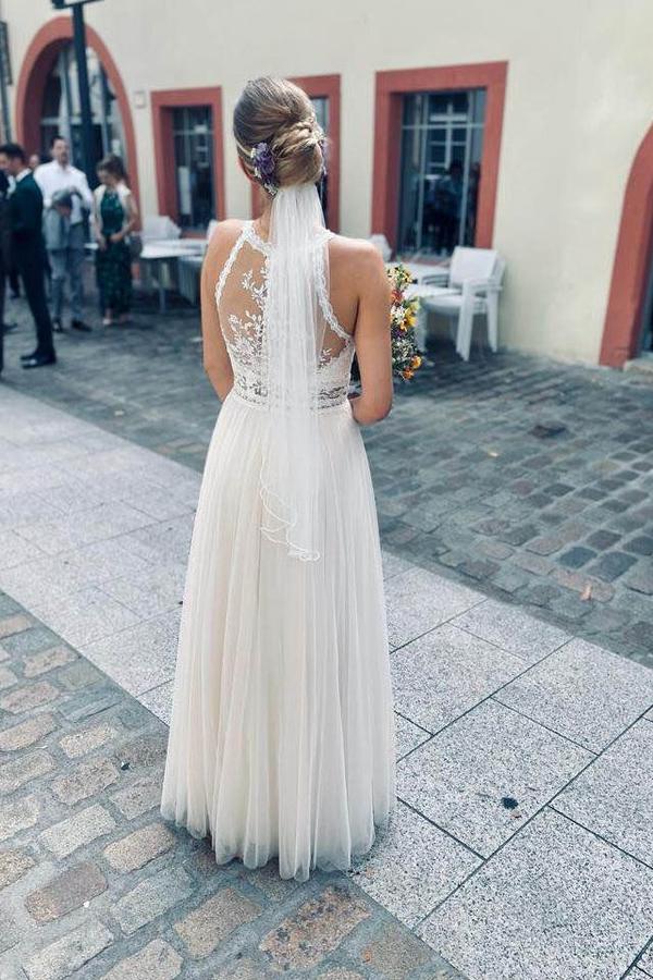 Halter Simple Tulle Wedding Dress Floor Length Bridal Dress White-newarrivaldress