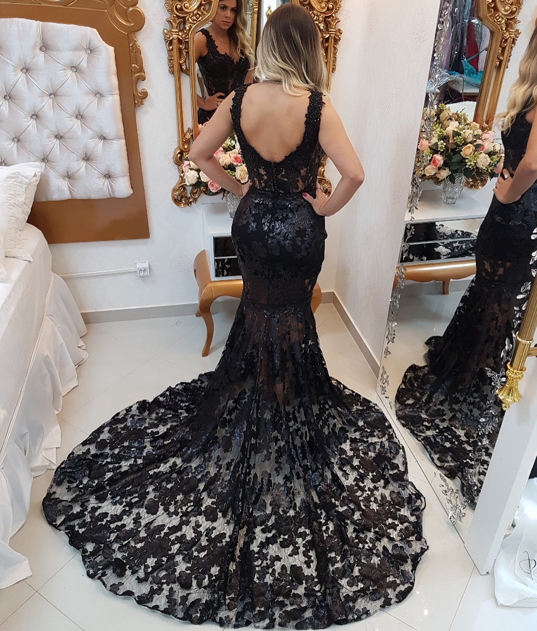 Glamorous Straps Sexy Mermaid Appliques Sweep Train Prom Dress-newarrivaldress