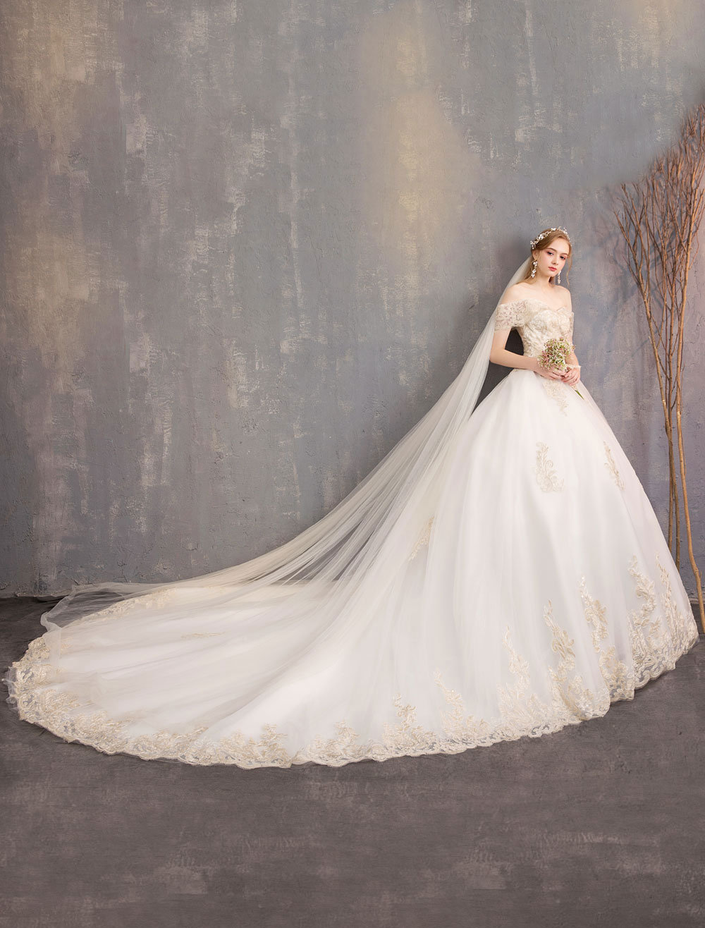 Princess Wedding Dress Ivory Lace Applique Off The Shoulder Short Sleeve Bridal Gown-newarrivaldress