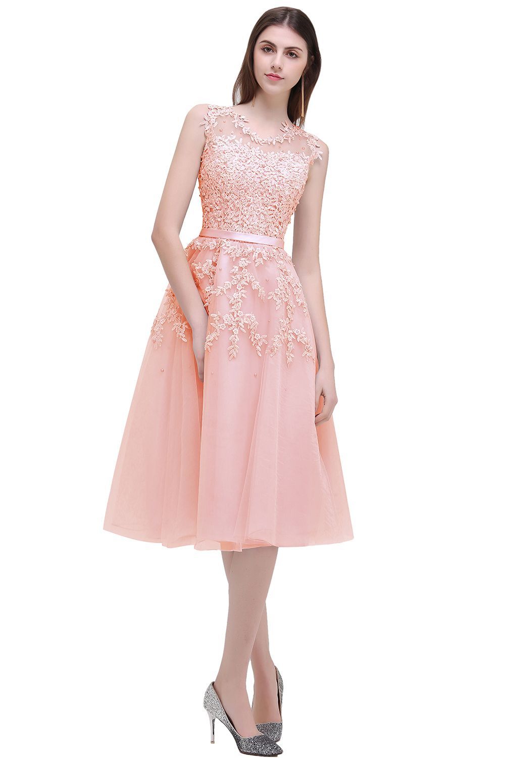 Tea-Length A-line Sheer-Neck Amazing Lace-Appliques Beaded Party Dresses-newarrivaldress