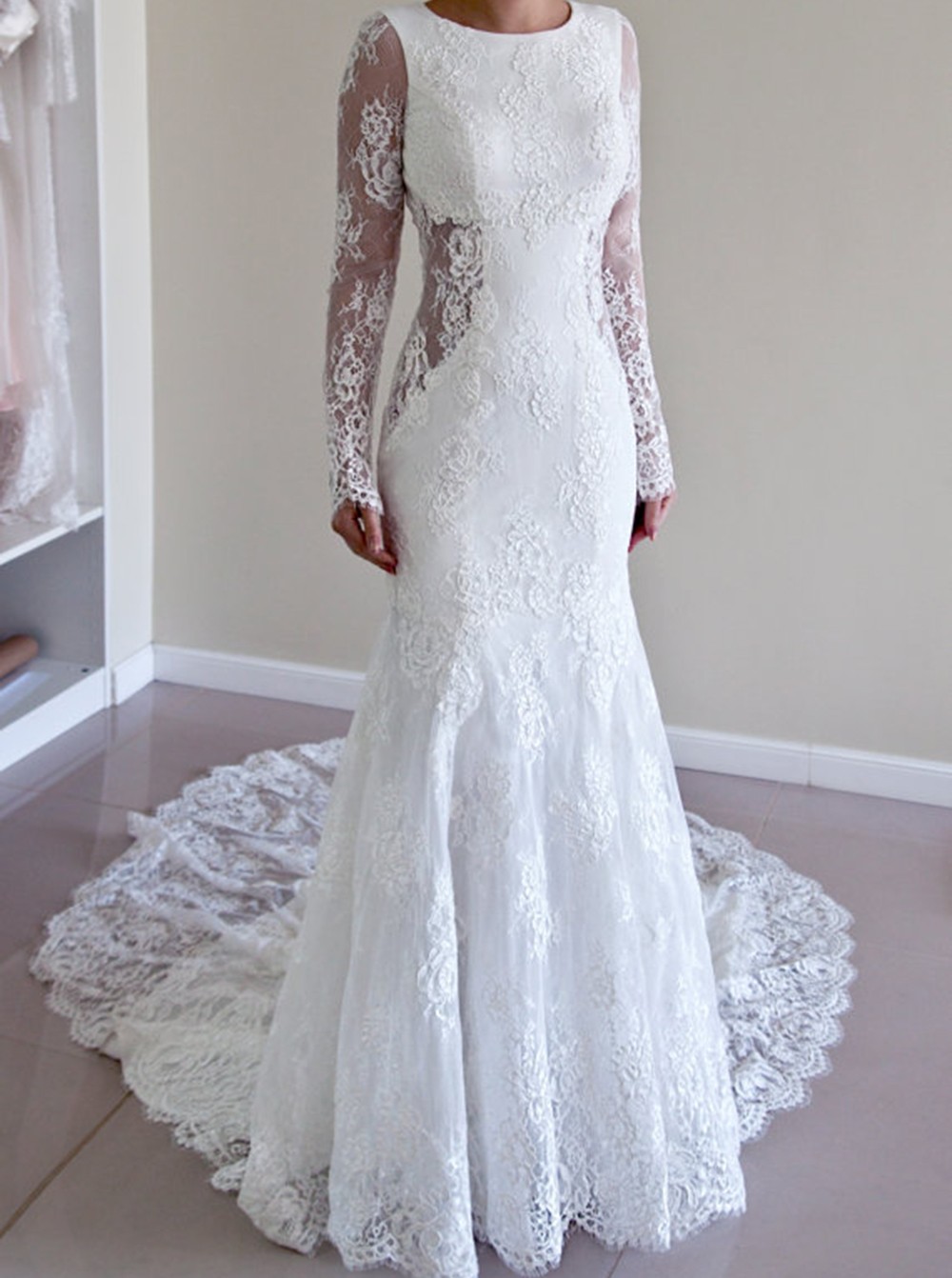 Backless Mermaid Gorgeous Lace Long Sleeve Sweep Train Wedding Dresses Online-newarrivaldress