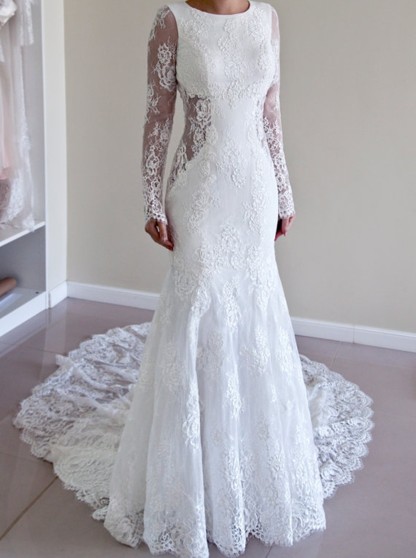 Backless Mermaid Gorgeous Lace Long Sleeve Sweep Train Wedding Dresses Online-newarrivaldress