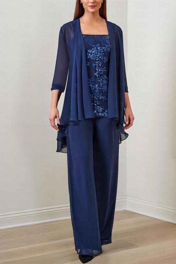 Elegant Royal Blue Chiffon Mother of the Bride Outfits Three Pieces with Floral Lace-newarrivaldress