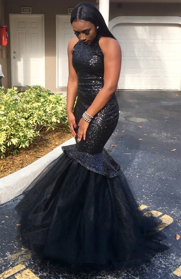 Sexy High-Neck Mermaid Sleeveless Yulle Sequins Gorgeous Black Prom Dress-newarrivaldress