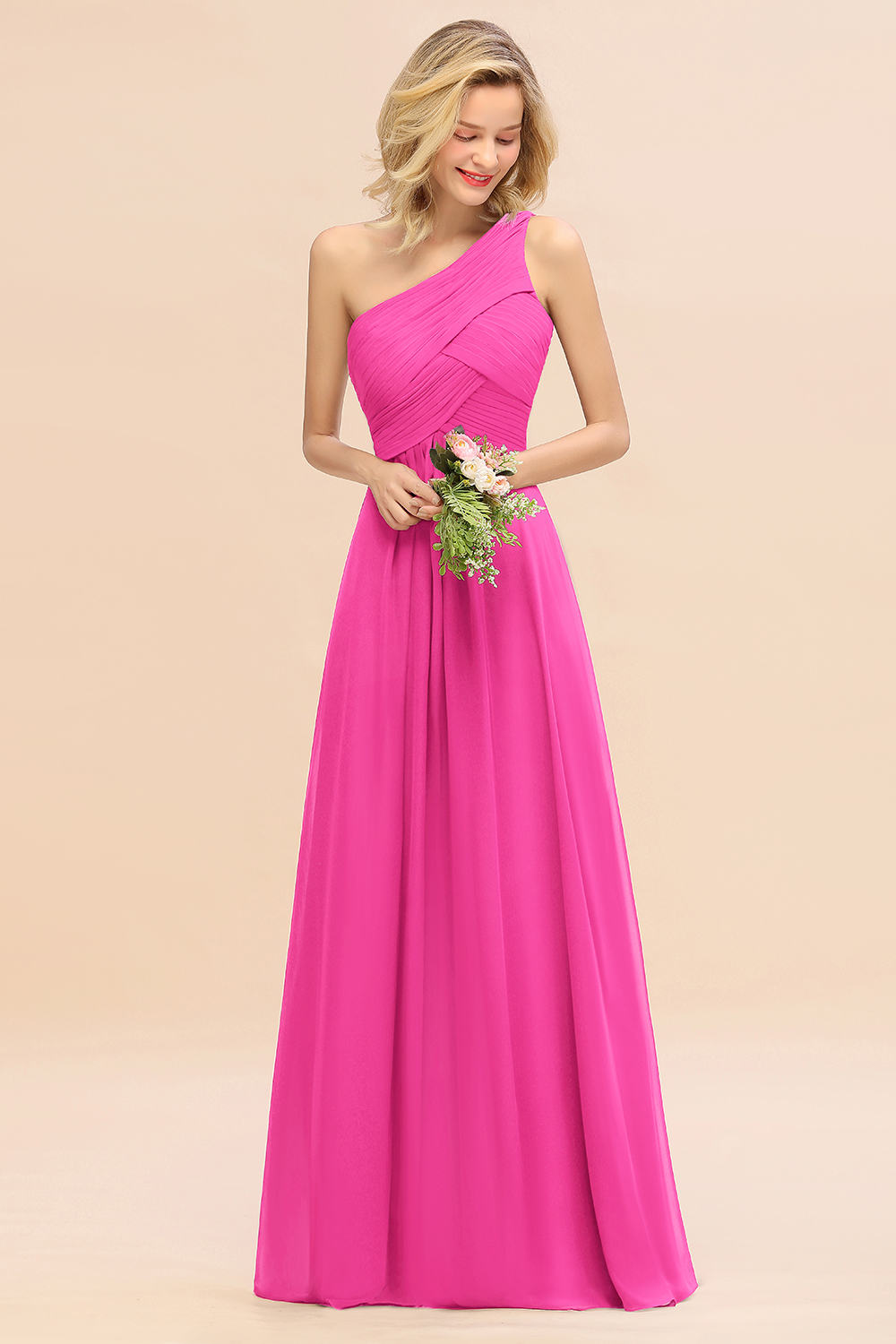Elegant Ruched Chiffon One Shoulder Bridesmaid Dress Long Sleeveless Evening Dress-newarrivaldress