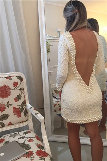 Short Sheath V-Neck Lace Homecoming Dresses Long Sleeves Backless Cocktail Dresses-newarrivaldress