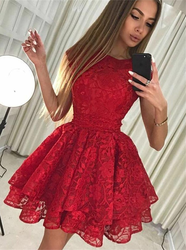 Cute Red Lace Jewel Ruffled Homecoming Dress | Short Party Gown-newarrivaldress
