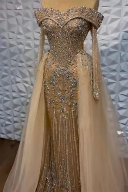 Off the Shoulder Long Sleeves Long Prom Dress With Beading Tulle