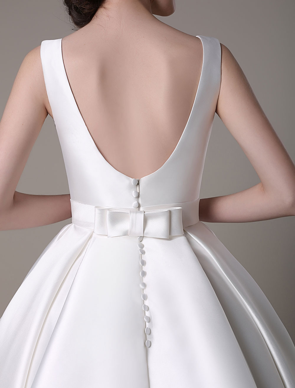 Ivory Wedding Dress Scoop Backless Knee Length Satin Wedding Gown Exclusive-newarrivaldress