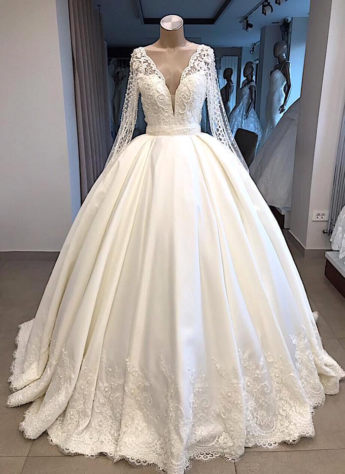 V-neck Long Sleeve Ball Gown Wedding Dress 2021 | Satin Beaded Lace Luxury Bridal Gowns Online-newarrivaldress