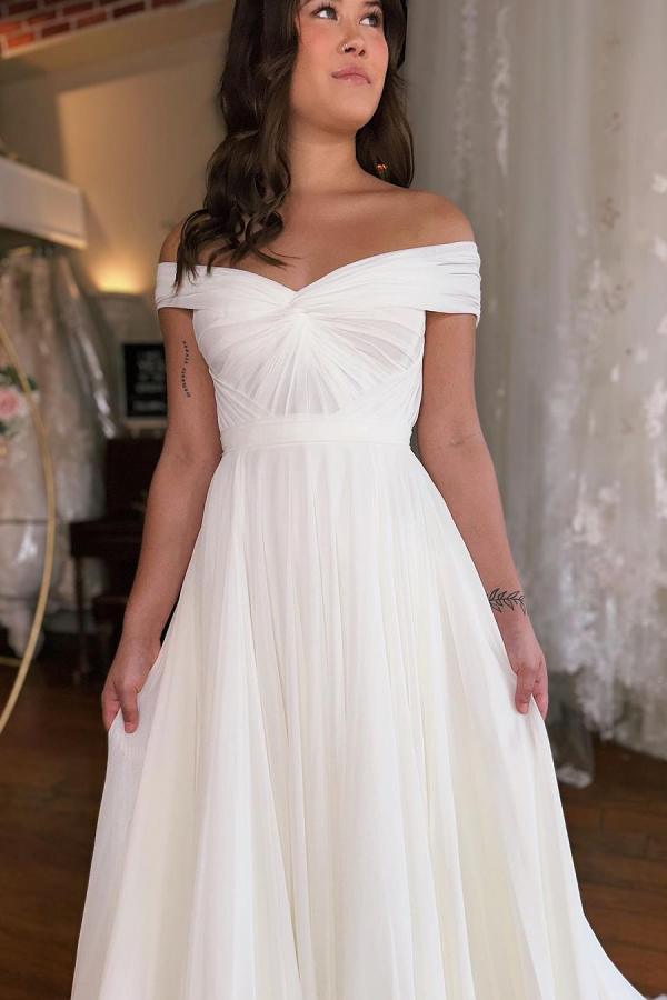 Elegant Off-the-Shoulder Ruched Chiffon A-line Wedding Dress Simple Bridal Dress-newarrivaldress