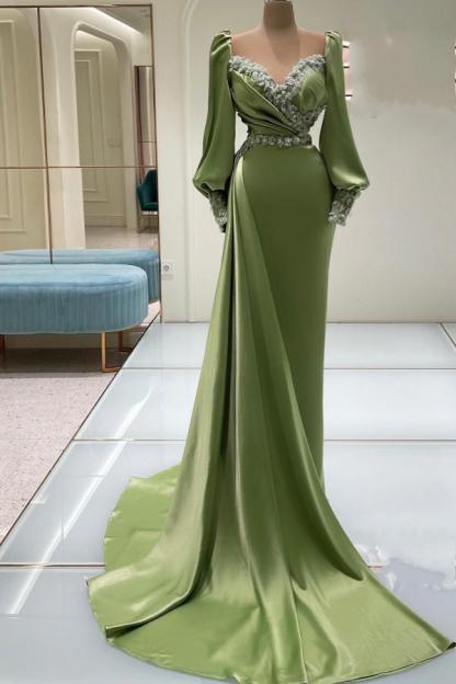 Long Sleeves Satin Mermaid Evening Gown with Crystals Sweetheart Long Prom Dress with Train-newarrivaldress