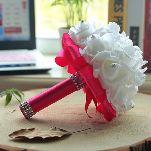 White Silk Wedding Bouquet with Colorful Handles | Newarrivaldress.com