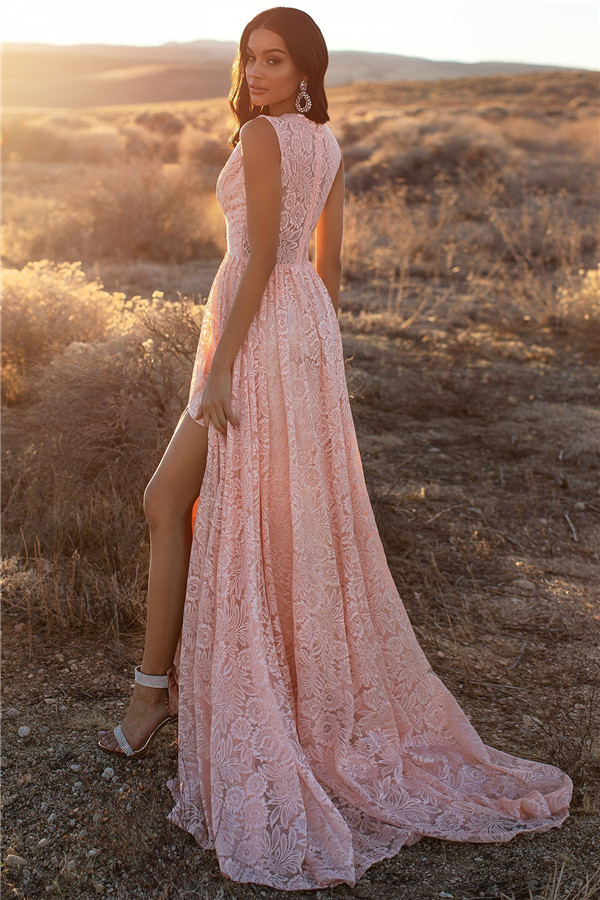 Pink Straps V-Neck Lace Side-Slit A-Line Evening Dresses-newarrivaldress
