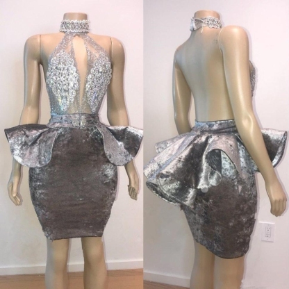 Sexy Backless Silver Velvet Short Prom Dresses | Halter Keyhole Lace Appliques Homecoming Dresses-newarrivaldress