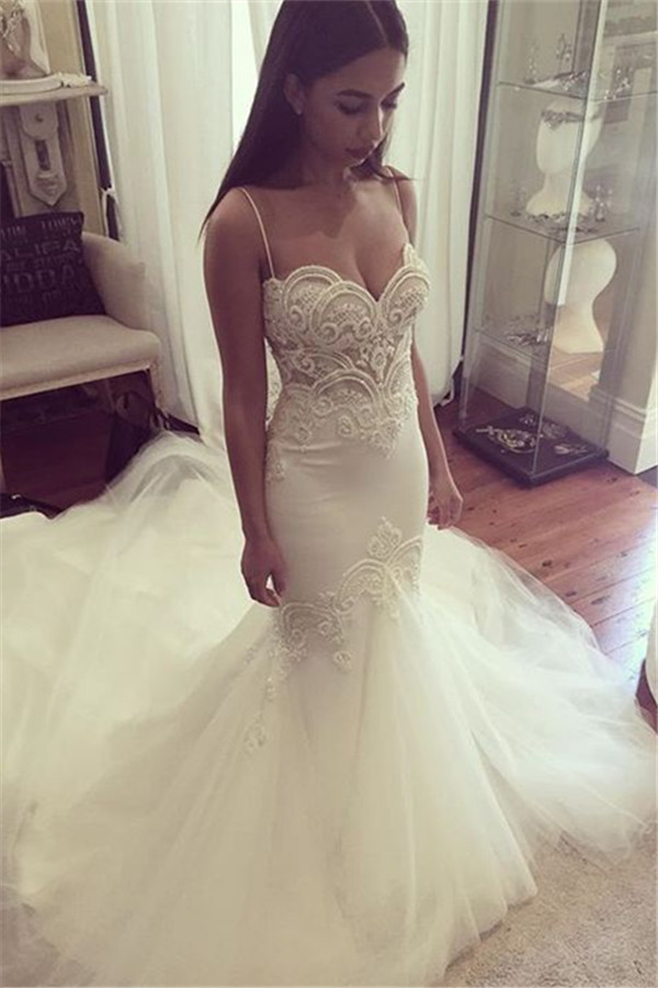 Pretty Spaghetti Straps Sweetheart Wedding Dresses Summer Close-fitting Tulle Bridal Gowns-newarrivaldress