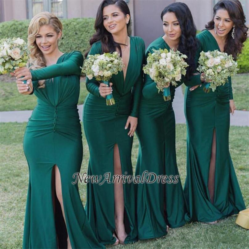 Sexy Front-Split V-Neck Green Mermaid Long-Sleeves Bridesmaid Dresses-newarrivaldress