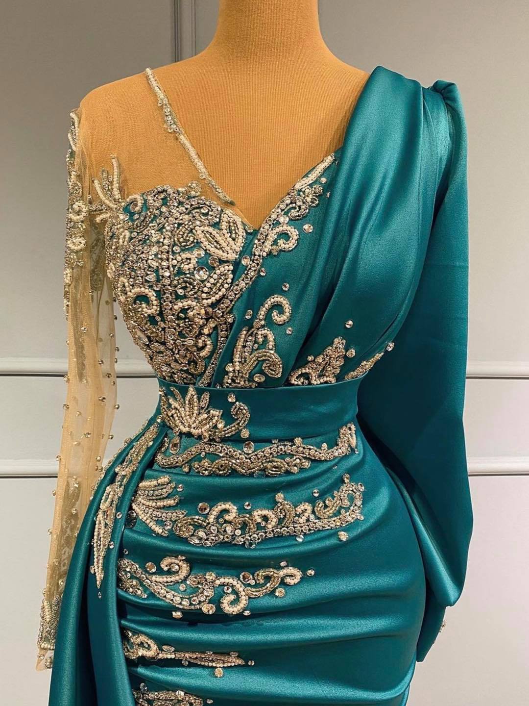 Elegant V-neck Satin Long Sleeves Mermaid Prom Dress with Side Wrap-newarrivaldress