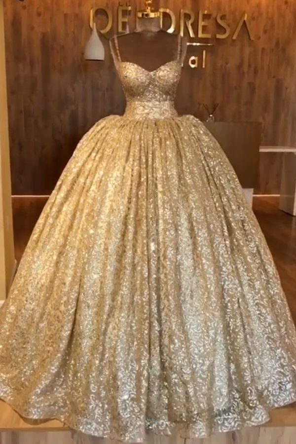 2021 Luxurious Spaghetti Straps Sleeveless Ball Gown Sequins Lace-up Prom Dresses-newarrivaldress