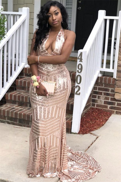 Sexy Halter Sequins Sleeveless Mermaid Prom Dresses-newarrivaldress