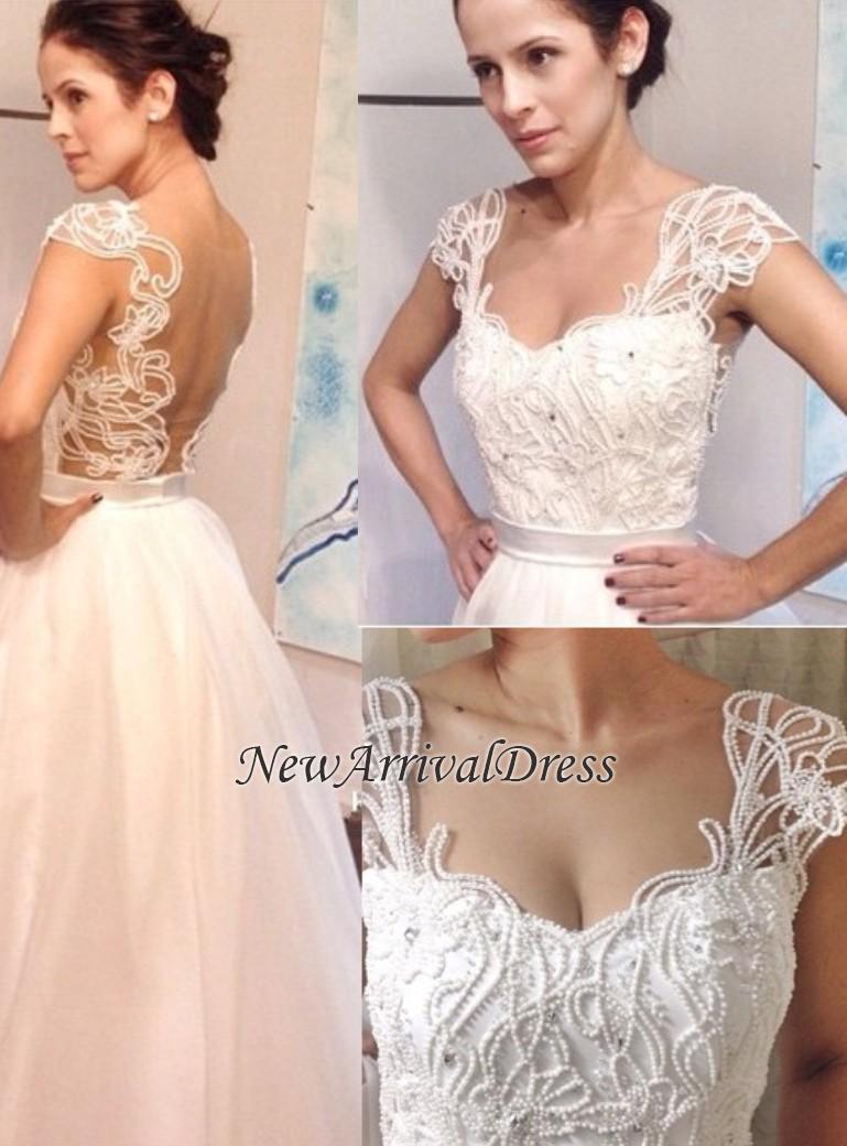 Floor Length A-line Sexy Open Back Straps Wedding Dresses with Pearls-newarrivaldress