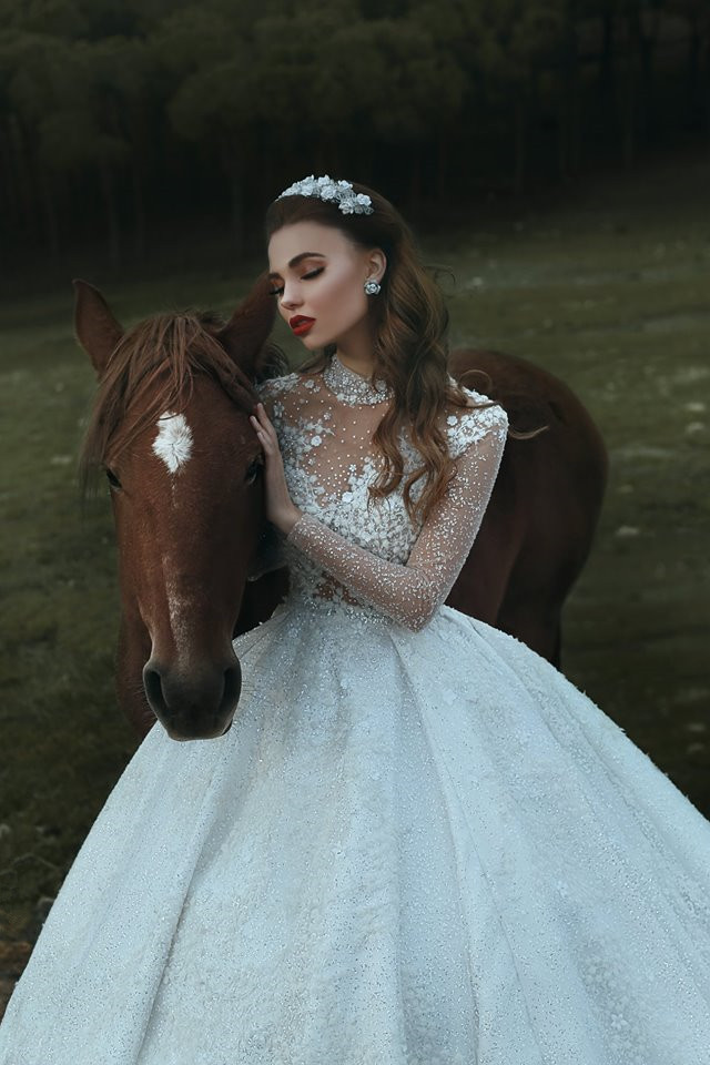 High Neck Appliques Sparkly Beads Sequins Wedding Dresses 2021 | Long Sleeve Princess Ball Gown Bridal Dresses Luxury-newarrivaldress