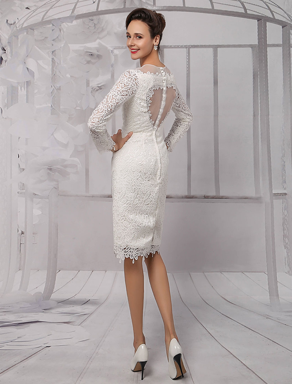 Simple Wedding Dresses 2021 Short Long Sleeve Illusion Neckline Koyhole Knee Length Sheath Bridal Dress Exclusive-newarrivaldress