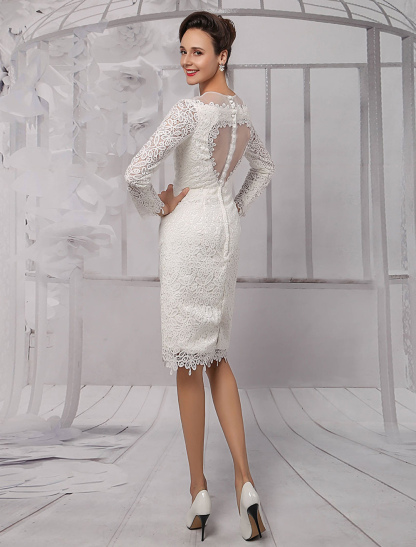 Simple Wedding Dresses 2021 Short Long Sleeve Illusion Neckline Koyhole Knee Length Sheath Bridal Dress Exclusive-newarrivaldress