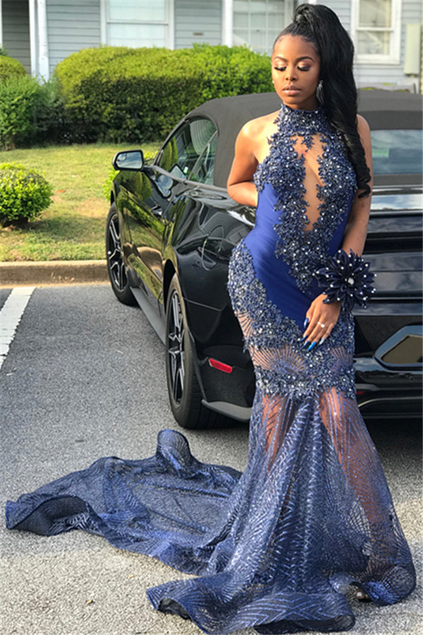 Mermaid Sleeveless High Neck Applique Prom Dresses-newarrivaldress