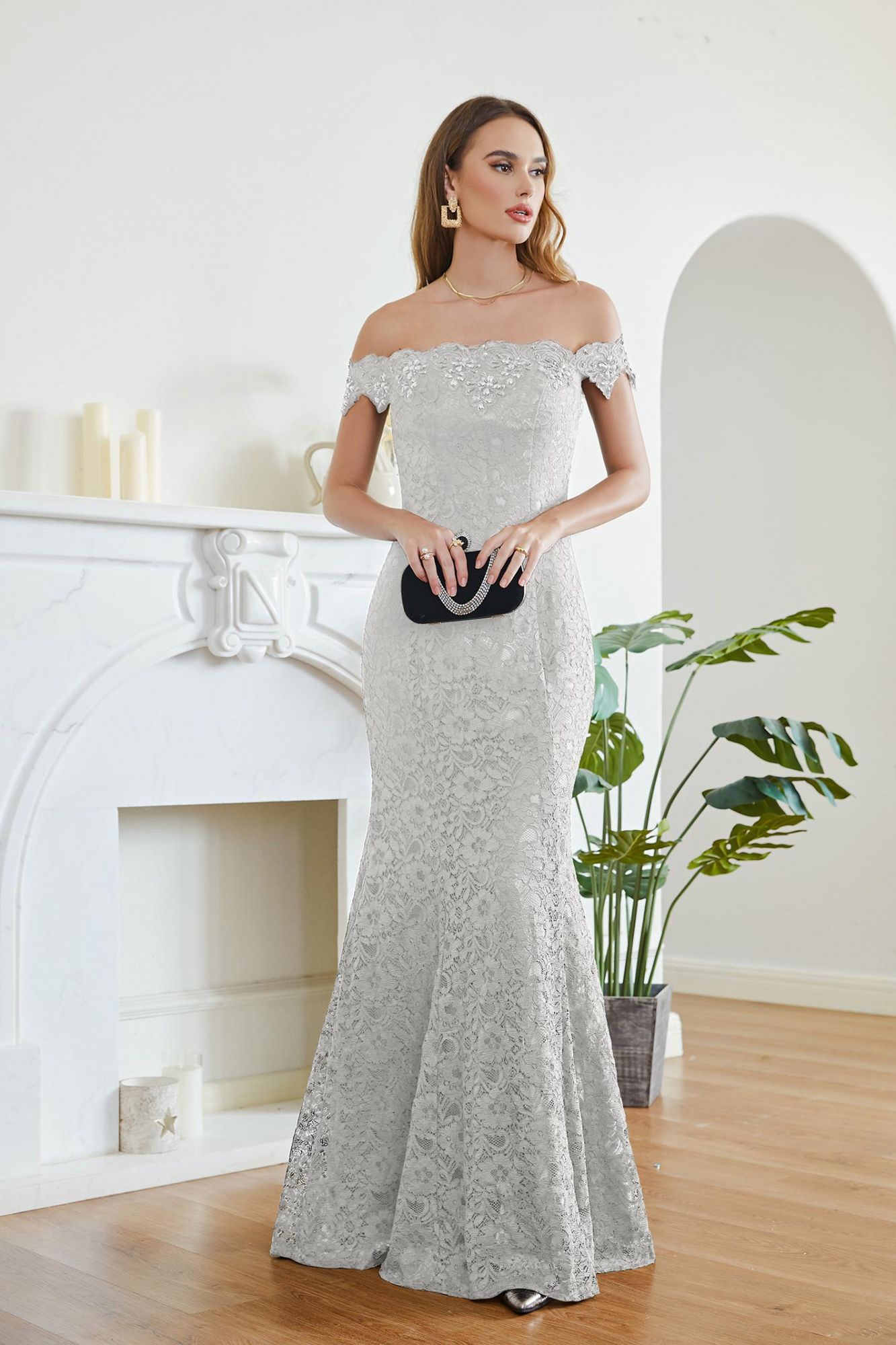 Crystal Beaded Red Mermaid Evening Dresses Off the Shoulder Prom Party Dress