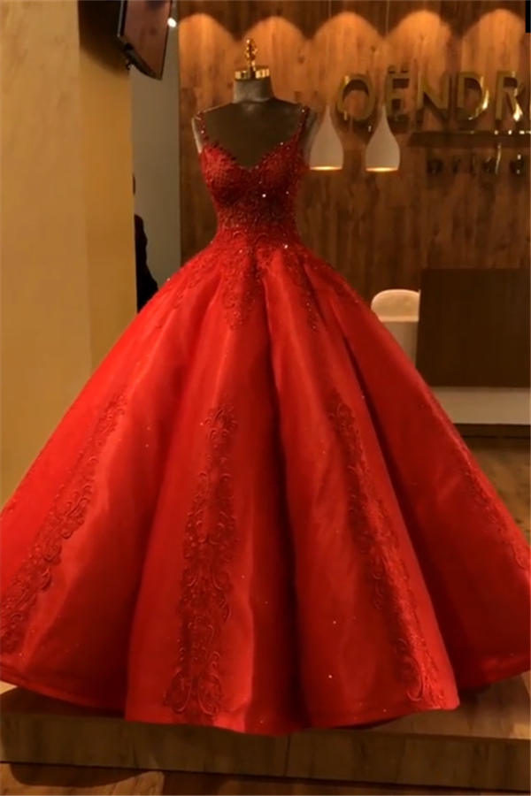 Red Straps Sleeveless Ball Gown Appliques Open Back Prom Dresses with Beading-newarrivaldress