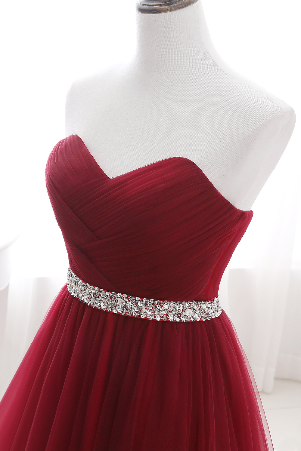 Custom Made Fluffy Tulle A-line Sweetheart Burgundy Prom Dresses With Beads Belt-newarrivaldress