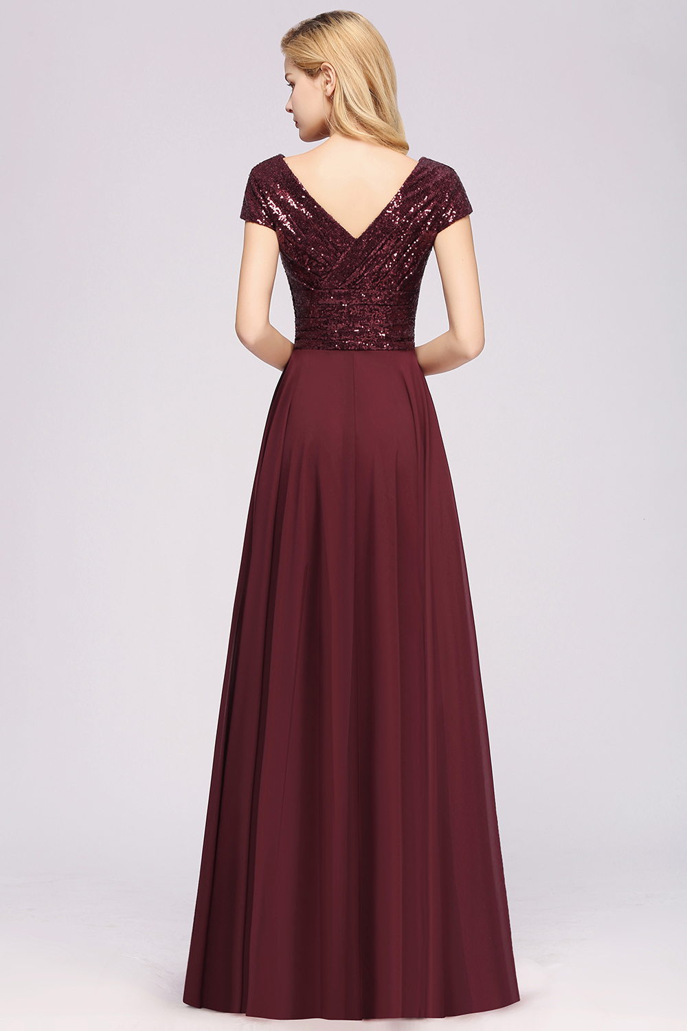 Elegant A-Line Burgundy Chiffon Sequined V-Neck Sleeveless Ruffles Floor-Length Bridesmaid Dresses-newarrivaldress