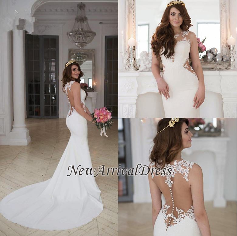 Illusion Sexy Lace Appliques Mermaid Modern Satin Wedding Dresses with Court Train-newarrivaldress
