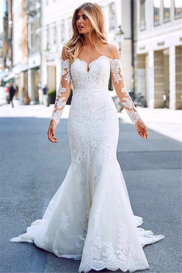Mermaid Tulle Lace Appliques Sexy Off The Shoulder Long Sleeve Wedding Dresses-newarrivaldress