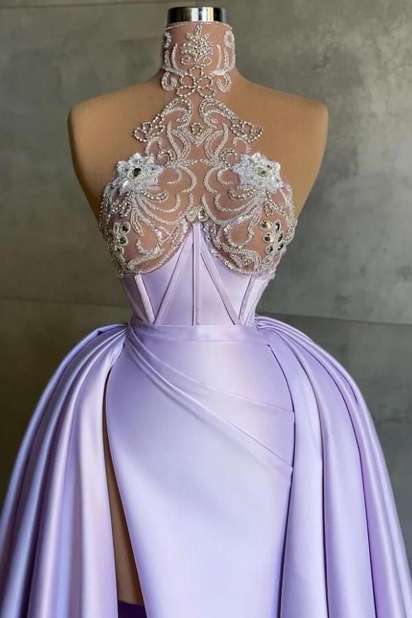 Chic High Neck Ruched Satin Floor Length Evening Dresses Floral Lace Front Slit Prom Dress-newarrivaldress