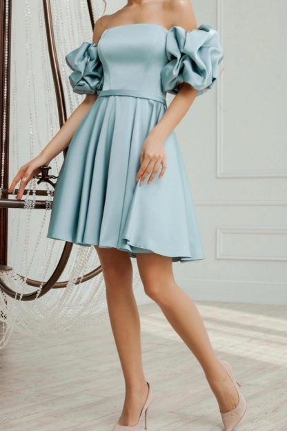 Puff Sleeve Sky Blue Satin Short Evening Party Dress Belt Aline Formal Dress for Summer-newarrivaldress