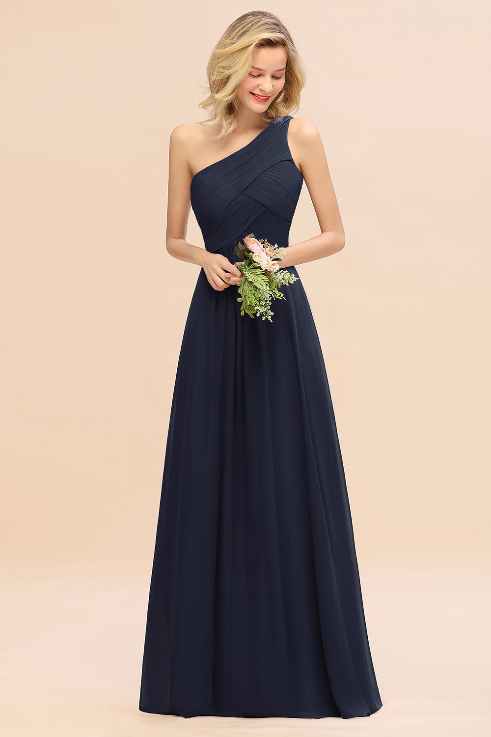 Elegant Ruched Chiffon One Shoulder Bridesmaid Dress Long Sleeveless Evening Dress-newarrivaldress