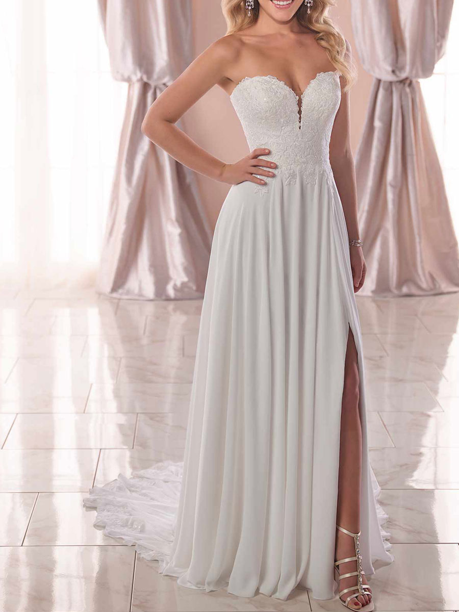 White Simple Wedding Dress Polyester Strapless Sleeveless Backless Lace A-Line Long Bridal Gowns-newarrivaldress