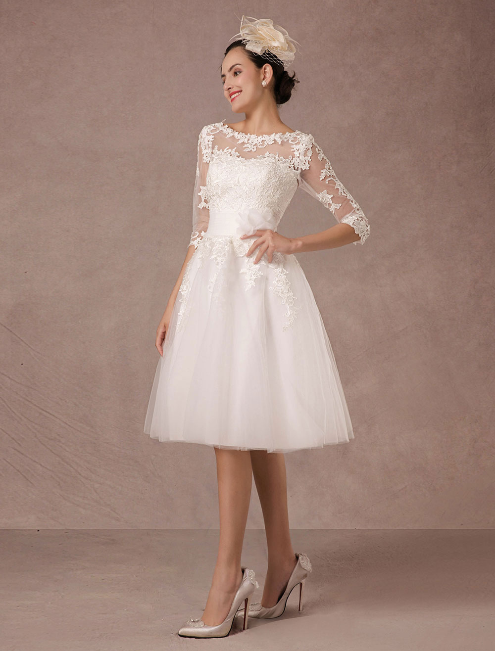 Short Wedding Dress Vintage Lace Applique Long Sleeves Tea Length A Line Tulle Bridal Gown With Flower Sash Exclusive-newarrivaldress